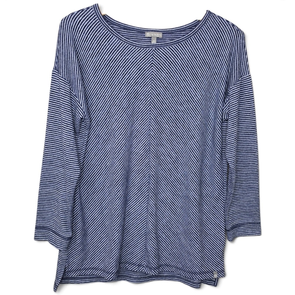 T by Talbots Top Womens Medium Blue White Diagonal Stripe 3/4 Sleeve Athleisure